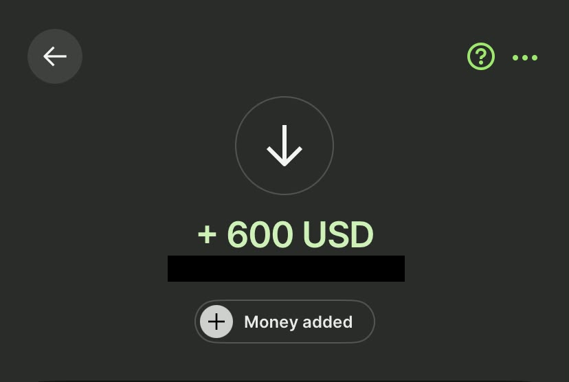 Pagamento de 600 dólares recebido