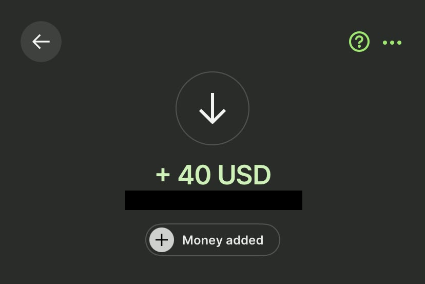 Pagamento de 40 dólares recebido