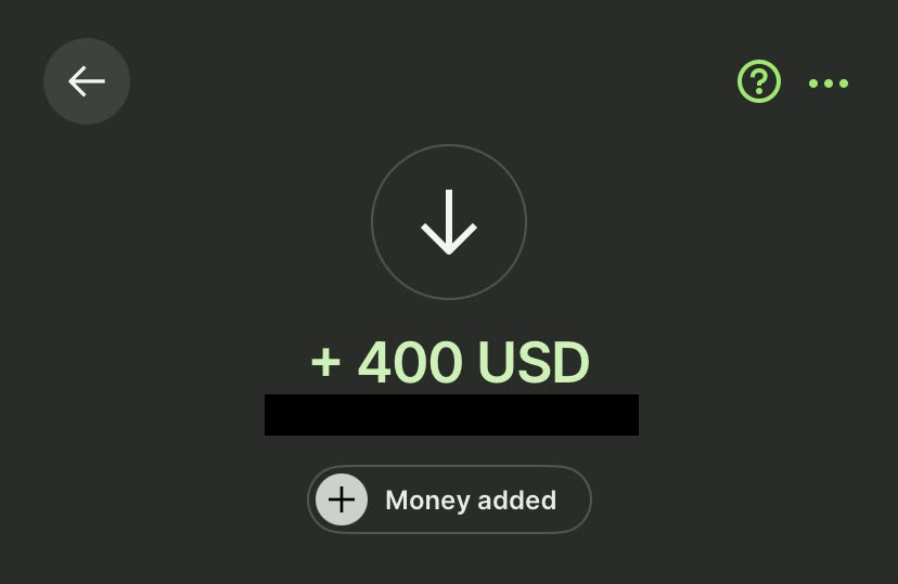 Pagamento de 400 dólares recebido