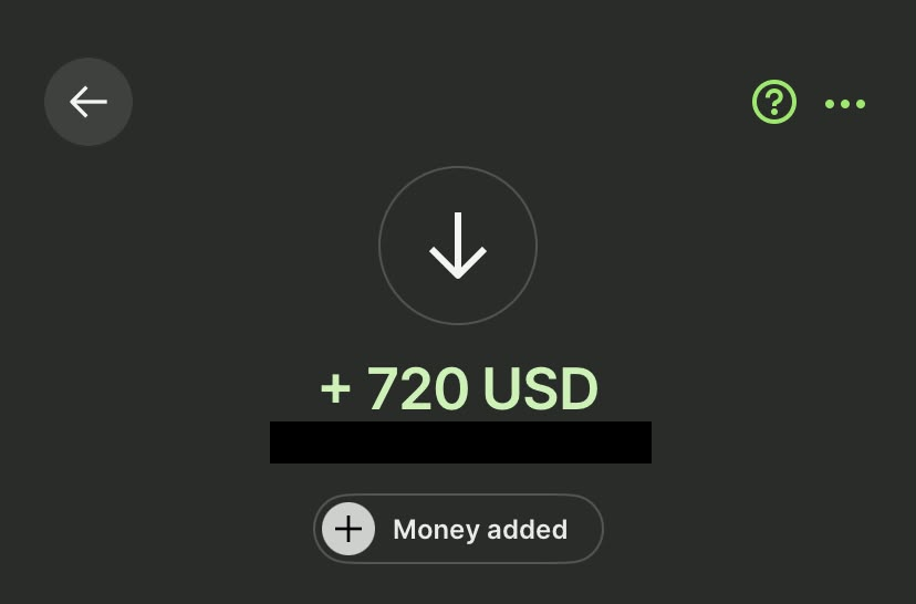 Pagamento de 720 dólares recebido