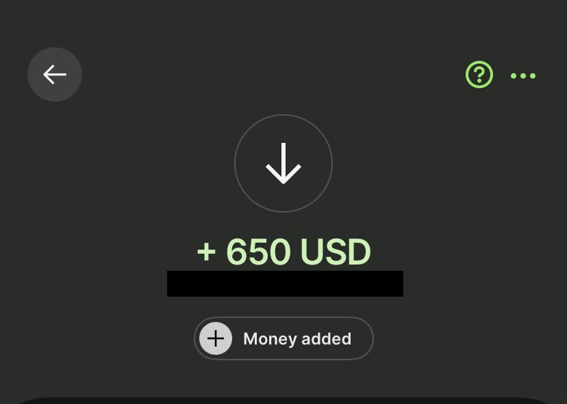 Pagamento de 650 dólares recebido