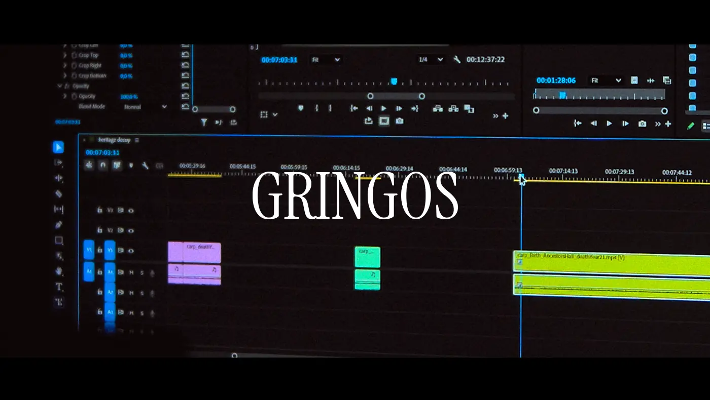 Timeline de edição de vídeo com o título GRINGOS